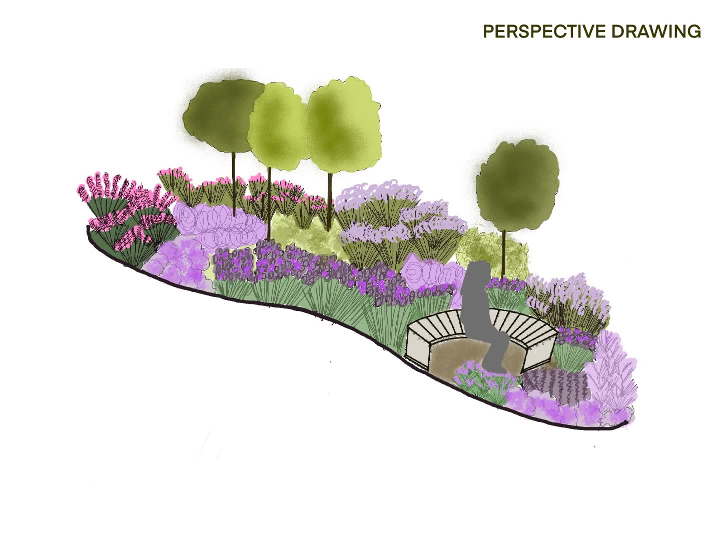A hand-painted perspective drawing showing the planting scheme in three dimensions, with specimen trees, flowering shrubs and a sunken stone seat.